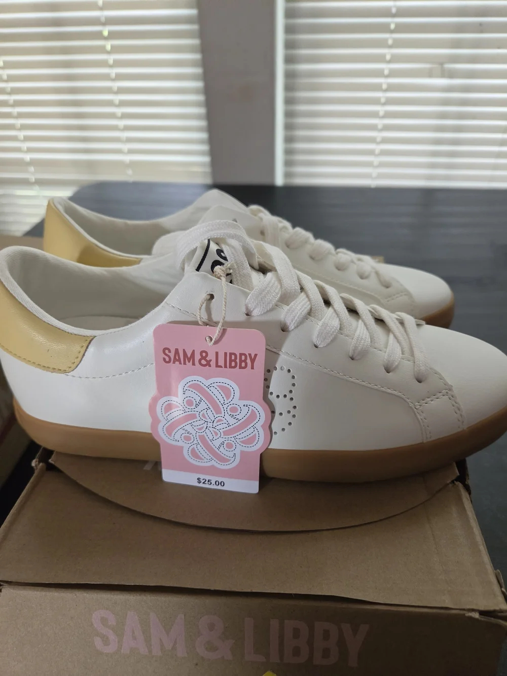 Sam & Libby Women's bright white  Leather Lace-Up Sneakers with Yellow Accent